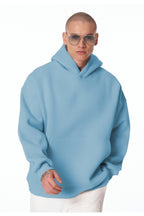 Erkek Bol Kesim Oversize 3 İ̇plik İ̇çi Pamuklu Şardonlu Kanguru Cep Kapşonlu Kışlık Hoodie Sweatshirt - Bebe Mavisi - 1