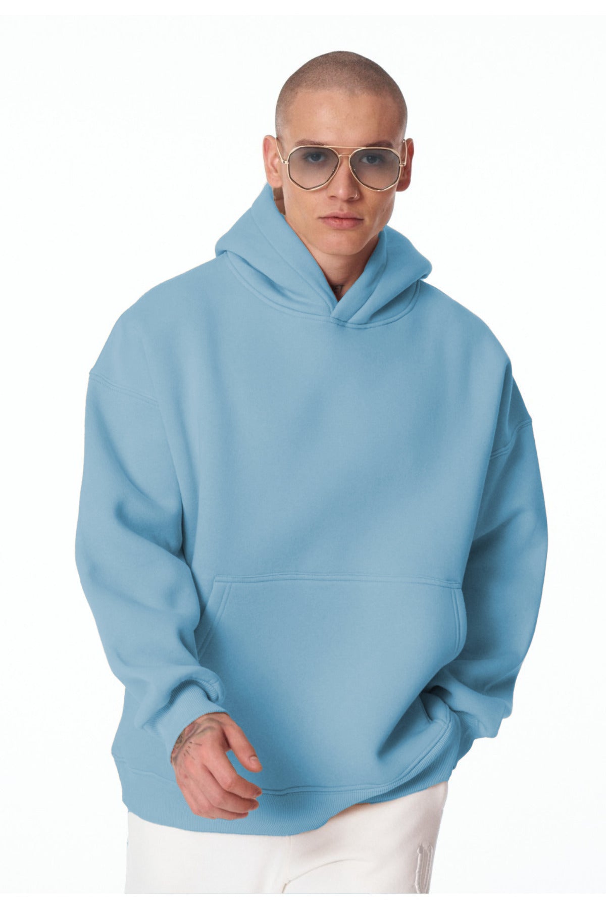 Erkek Bol Kesim Oversize 3 İ̇plik İ̇çi Pamuklu Şardonlu Kanguru Cep Kapşonlu Kışlık Hoodie Sweatshirt - Bebe Mavisi - 1