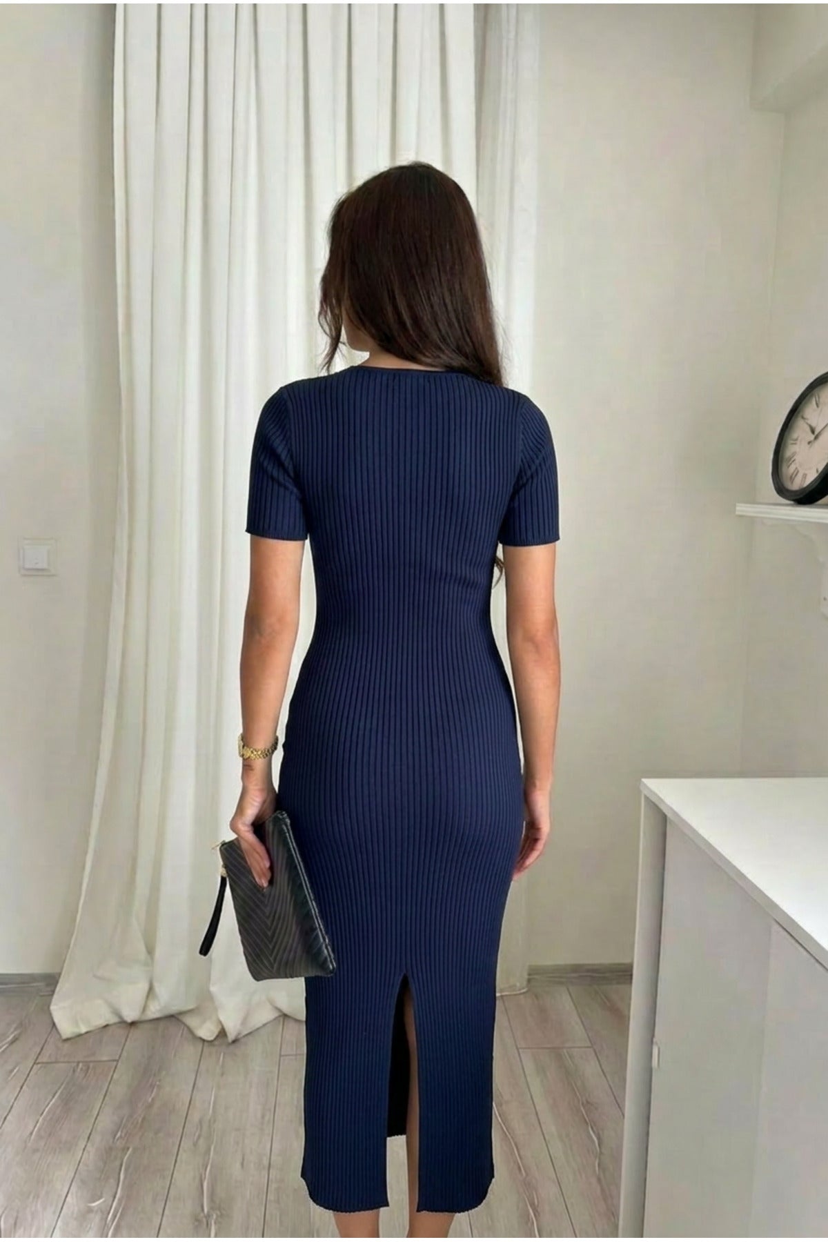 Kadın Kısa Kollu Likralı Vücuda Oturan Sportif Trend Fitilli Elbise - Lacivert1 - 3