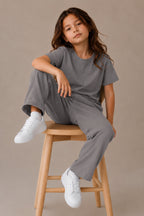 Çocuk Unisex Kisa Kollu Bi̇si̇klet Yaka Süper Yüksek Bel Oversize Eşofman Takimi - Füme - 4
