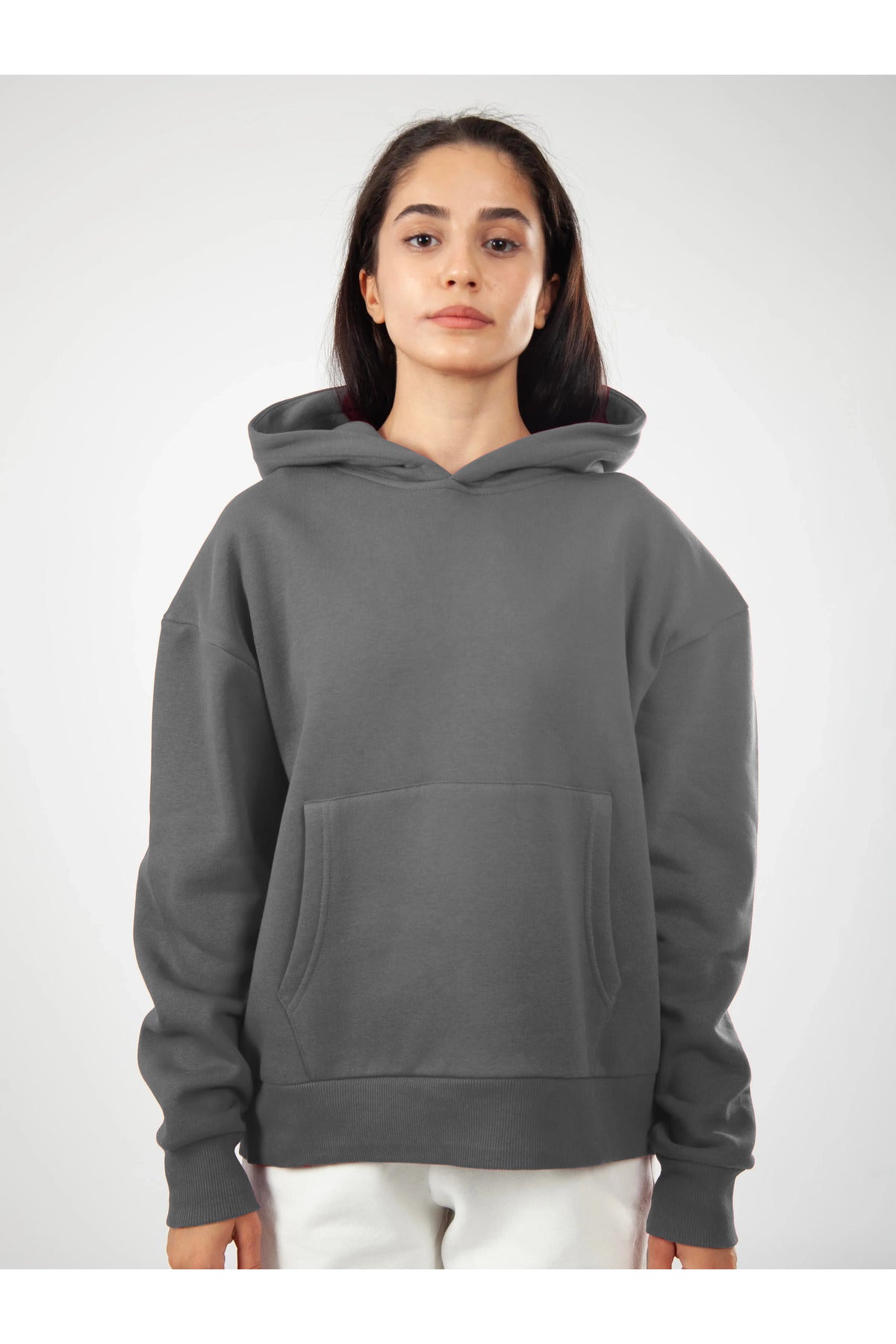 Oversize Hoodie Okul Sweatshirt - Füme - 1