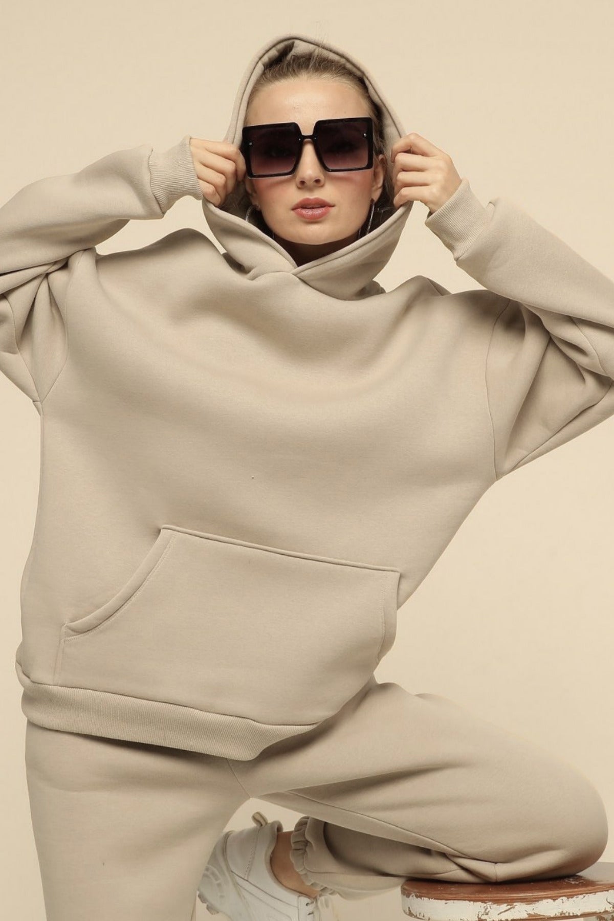 Kadın Salaş Bol Günlük Oversize Sweatshirt - Bej - 3