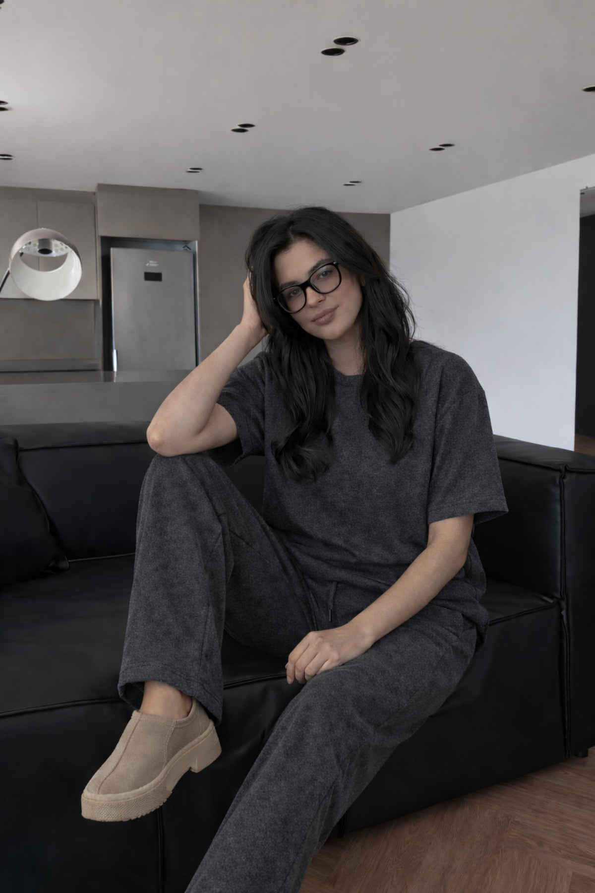 Kadın Kısa Kollu Oversize Süper Yüksek Bel Esnek Bisiklet Yaka Eşofman Takımı - Antasit Melanj - 3