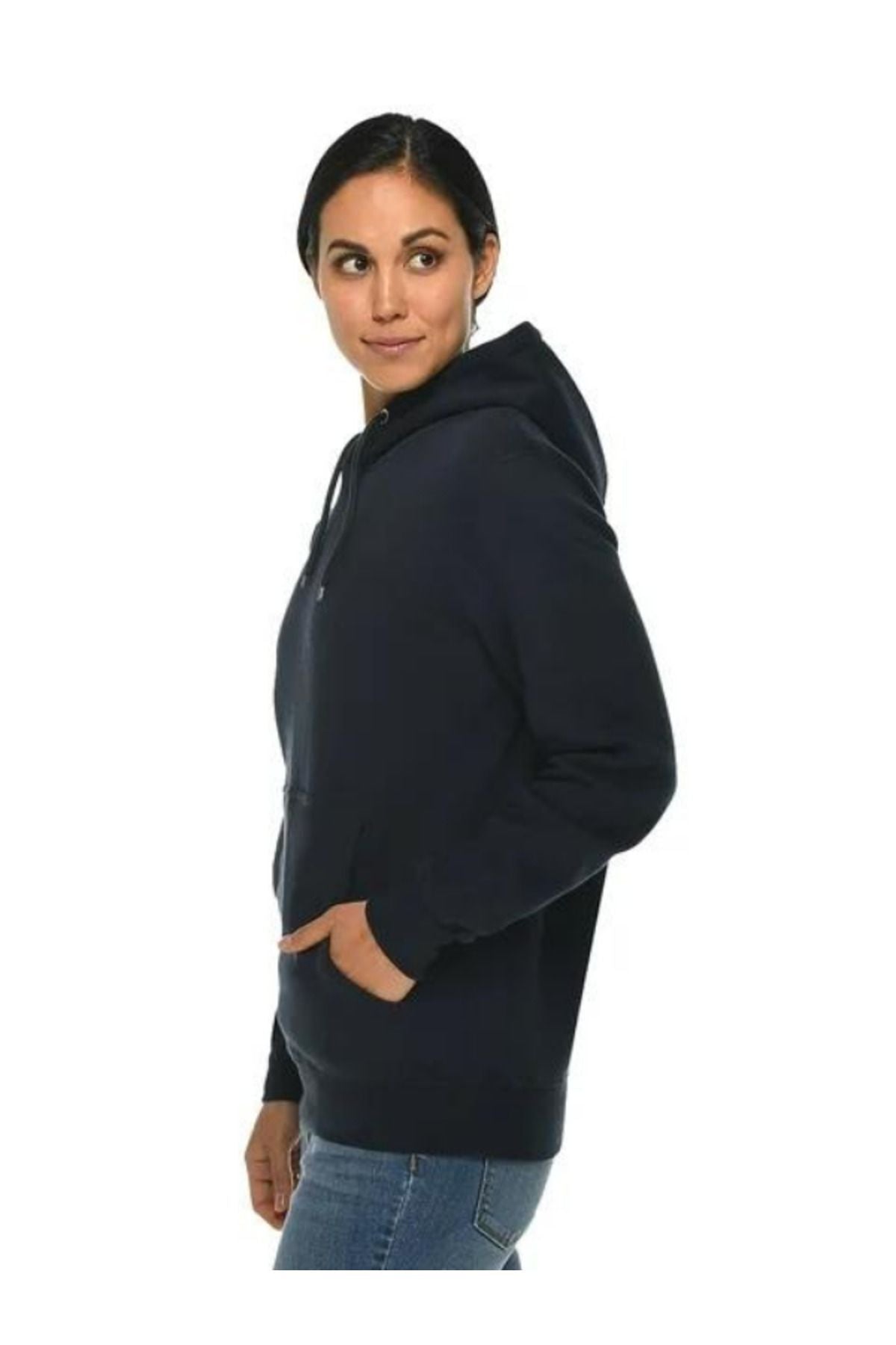 Unisex Lacivert Baskısız Kanguru Cepli Kapüşonlu 3 İ̇plik Şardonlu Sweatshirt Oversize Hoodie - Lacivert - 2