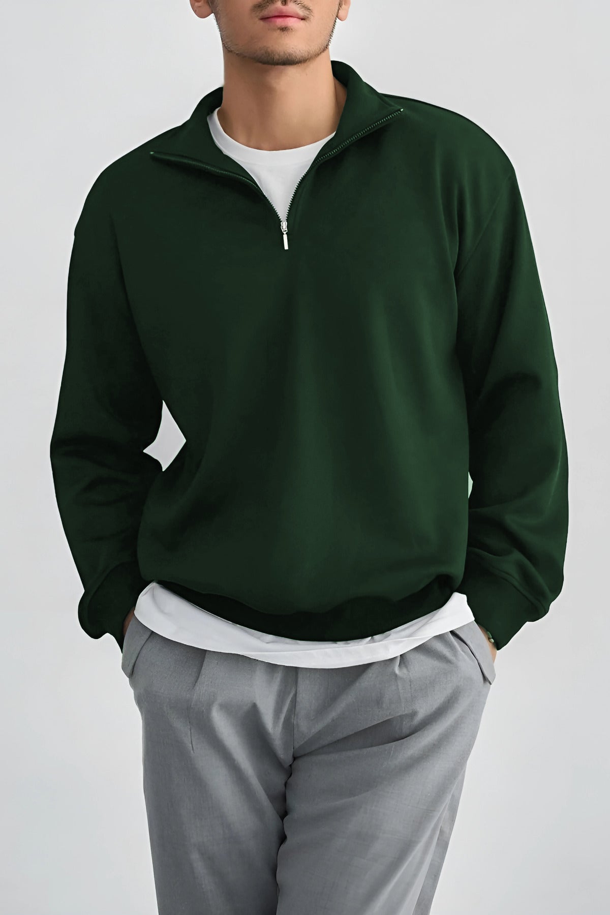 Erkek Dik Yaka Fermuarlı Sweatshirt 3 İplik Puf - Koyu Yeşil - 3