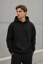 Erkek Oversize Kapüşonlu Sweatshirt Basic Hoodie Cepli - Siyah - 2