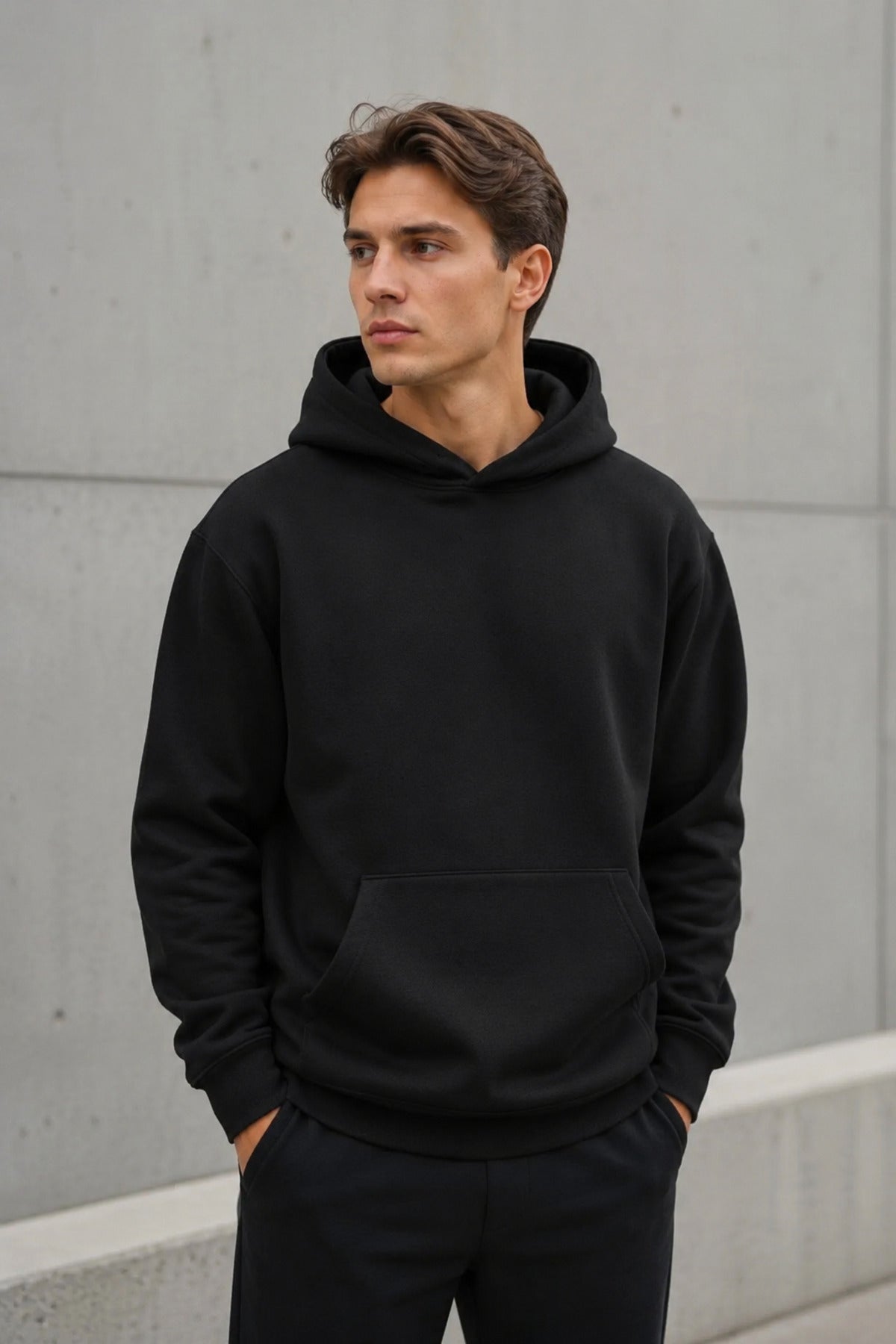 Erkek Oversize Kapüşonlu Sweatshirt Basic Hoodie Cepli - Siyah - 2