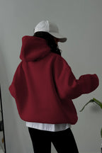 Kadın Kapşonlu Kalın Kanguru Cepli Sweatshirt - Bordo - 2
