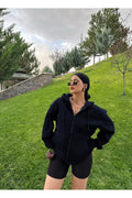 Lacivert Kadın Düz Fermuarlı Oversize Hırka Sweatshirt - Lacivert - 1