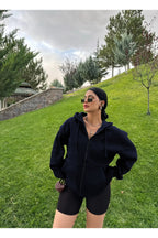 Lacivert Kadın Düz Fermuarlı Oversize Hırka Sweatshirt - Lacivert - 1