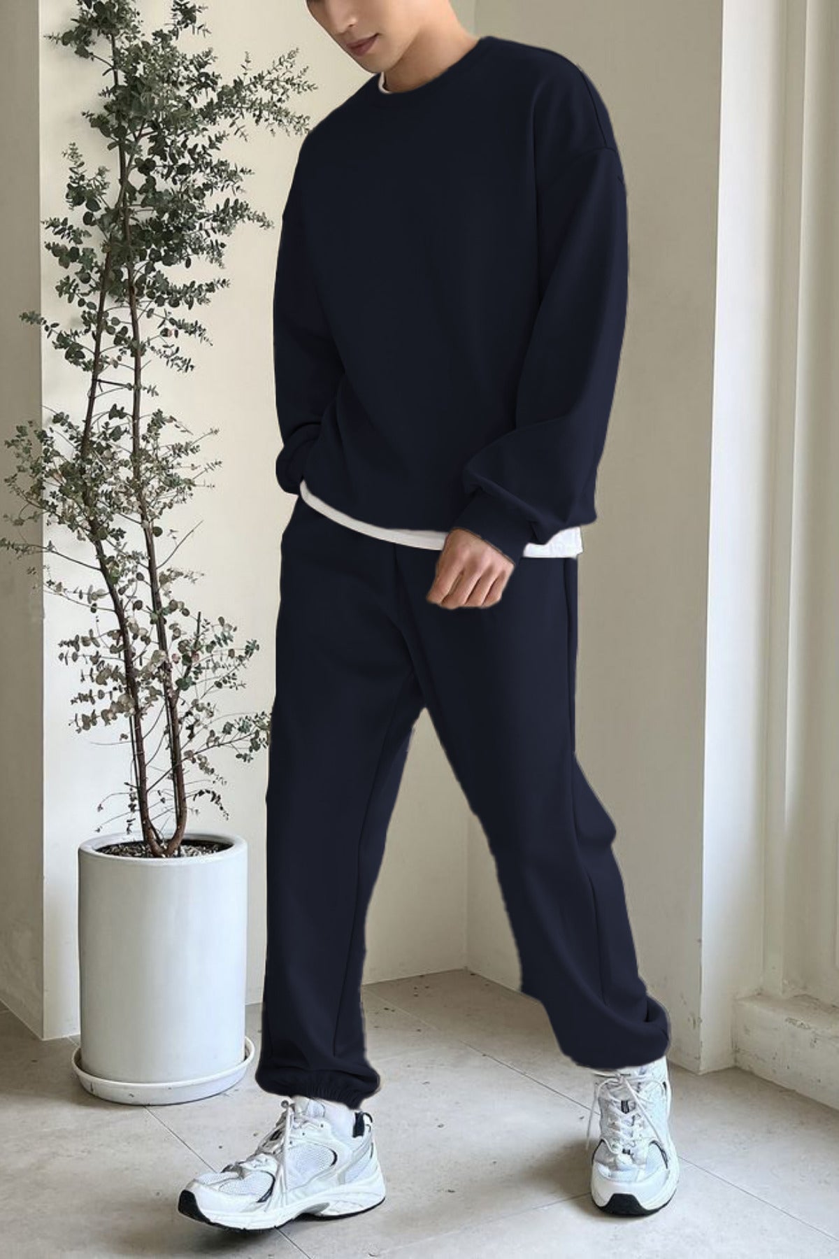 Erkek Bisiklet Yaka Oversize Jogger Paçası Lastikli Alt Üst Eşofman Takımı - Lacivert - 1
