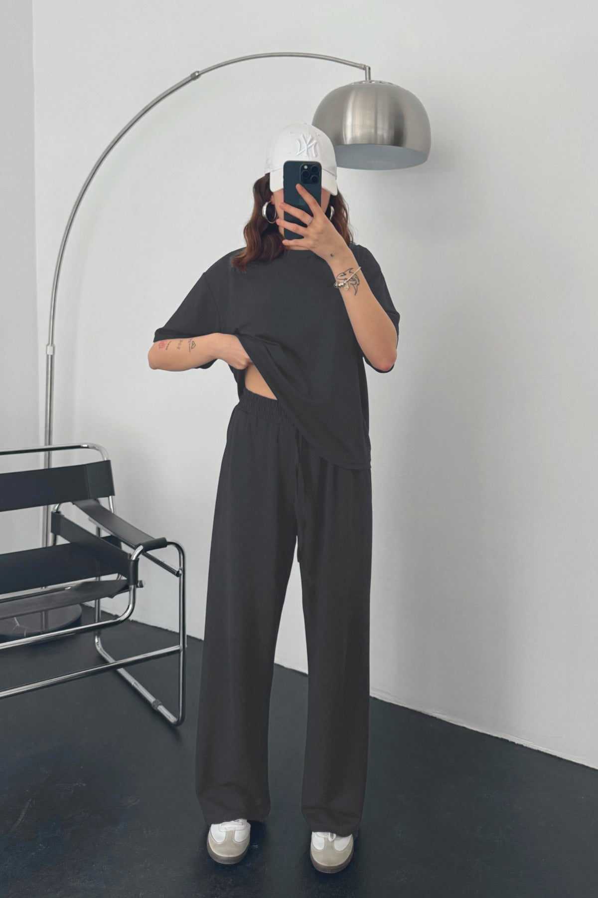 Kadın Modal Penye Yüksek Bel Oversize Alt Üst Takım - Füme - 1