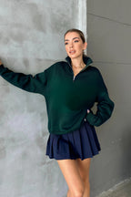 Unisex 3 İ̇plik Şardonlu Oversize Yarım Fermuarlı Sweatshirt - Koyu Yeşil - 3