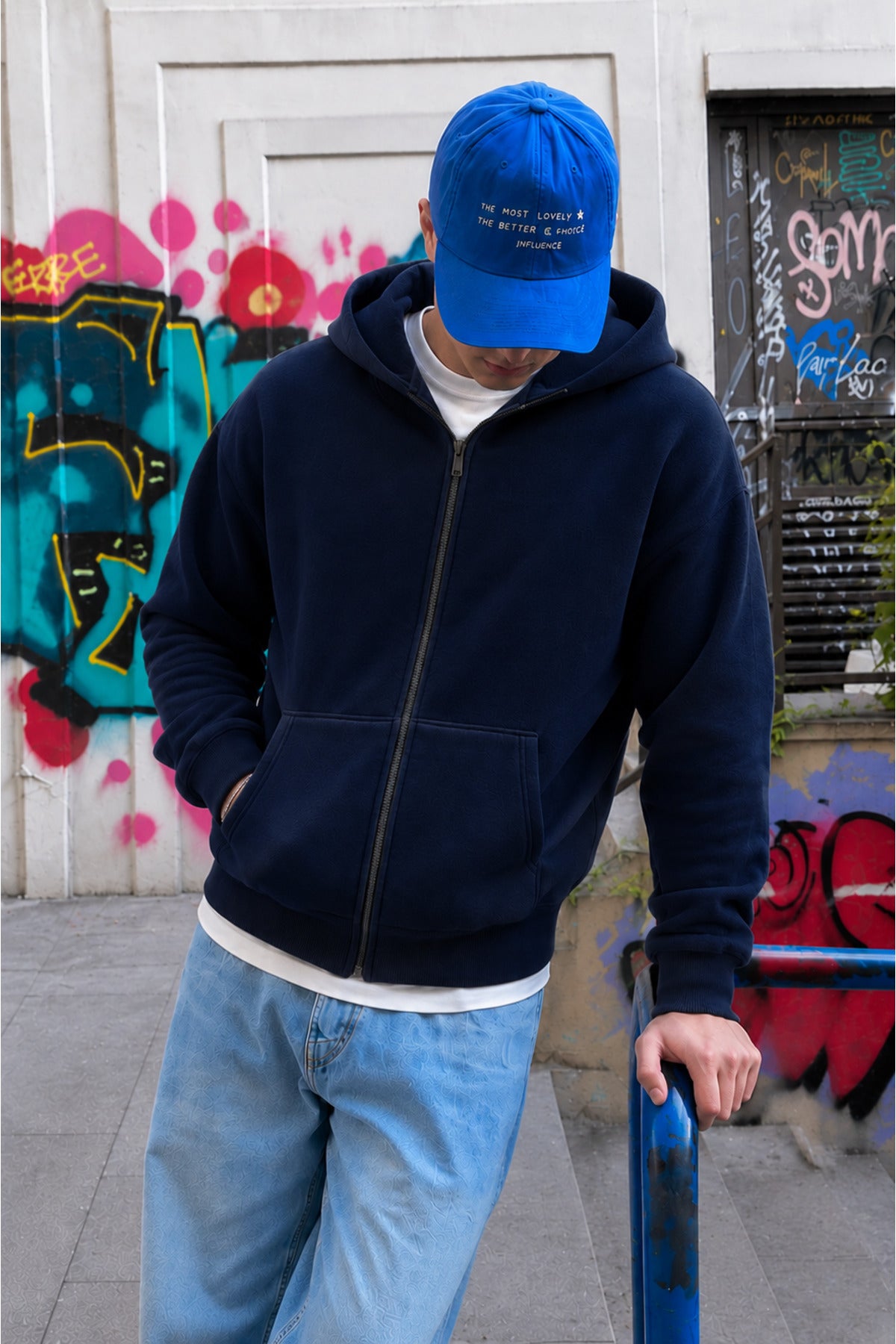 Erkek Oversize Kapüşonlu Fermuarlı Unisex Sweat Hırka Kalın Kumaş Günlük Kullanım - Lacivert - 3