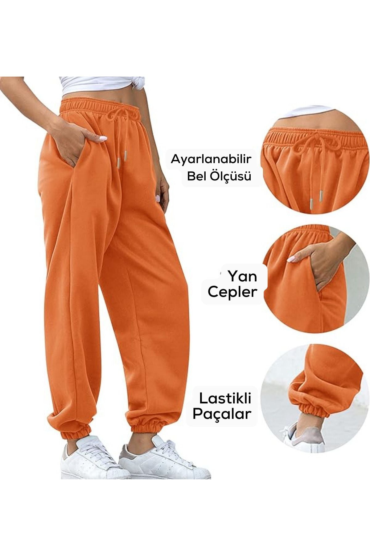 Kadın Turuncu Kalın İ̇çi Polarlı Basic Jogger Örme Eşofman Altı - Turuncu - 4