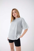 Kadın Oversize Kısa Kollu Bisiklet Yaka Tişört - Gri Melanj - 2