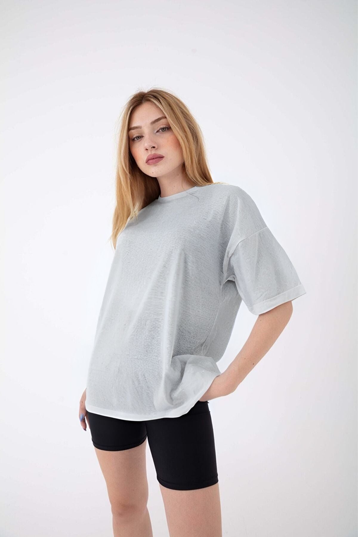Kadın Oversize Kısa Kollu Bisiklet Yaka Tişört - Gri Melanj - 2