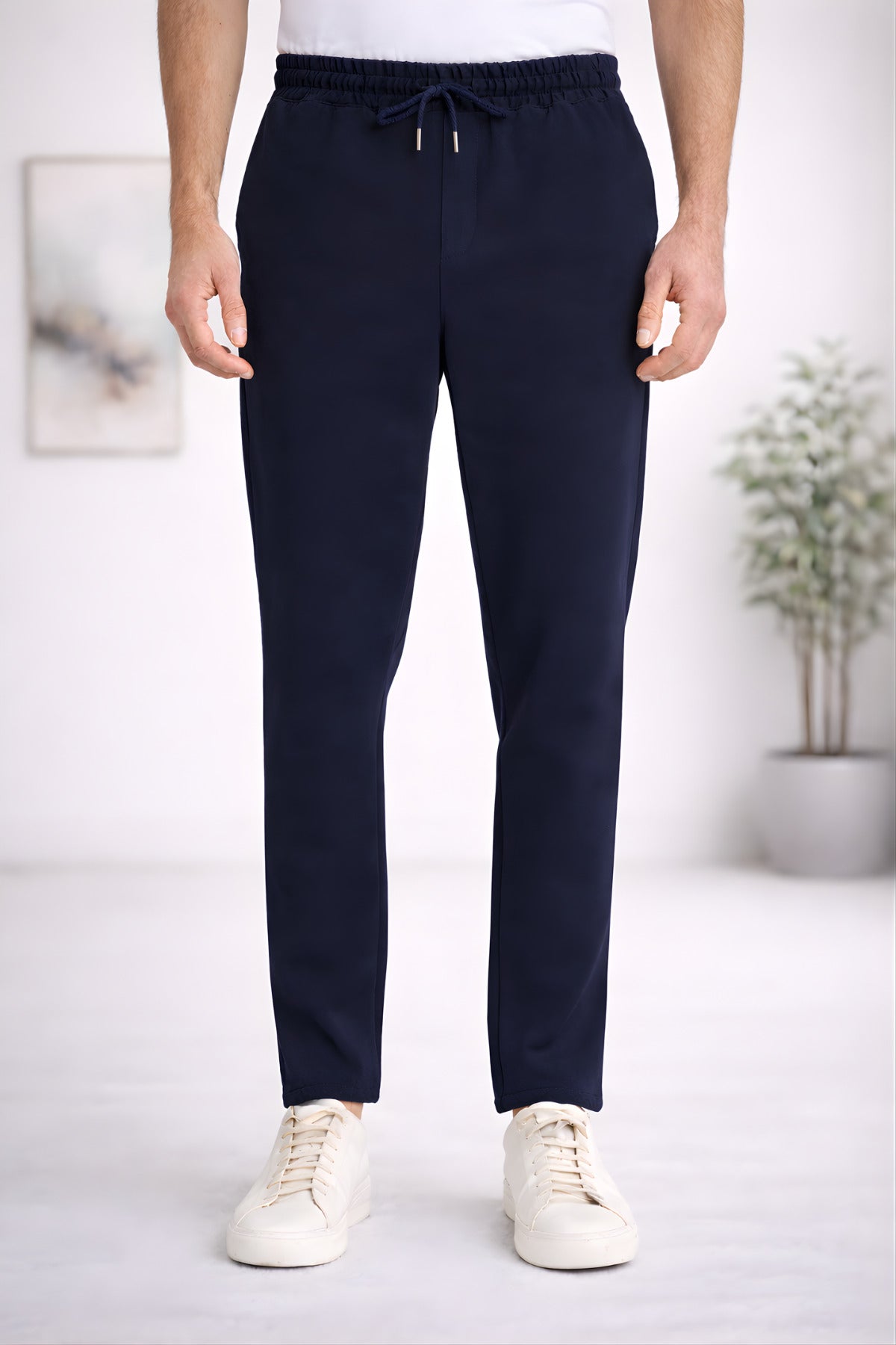 Erkek Regular Fit Beli Lastikli Bağcıklı Rahat Kesim Yan Cepli Jogger Pantolon - Lacivert - 1
