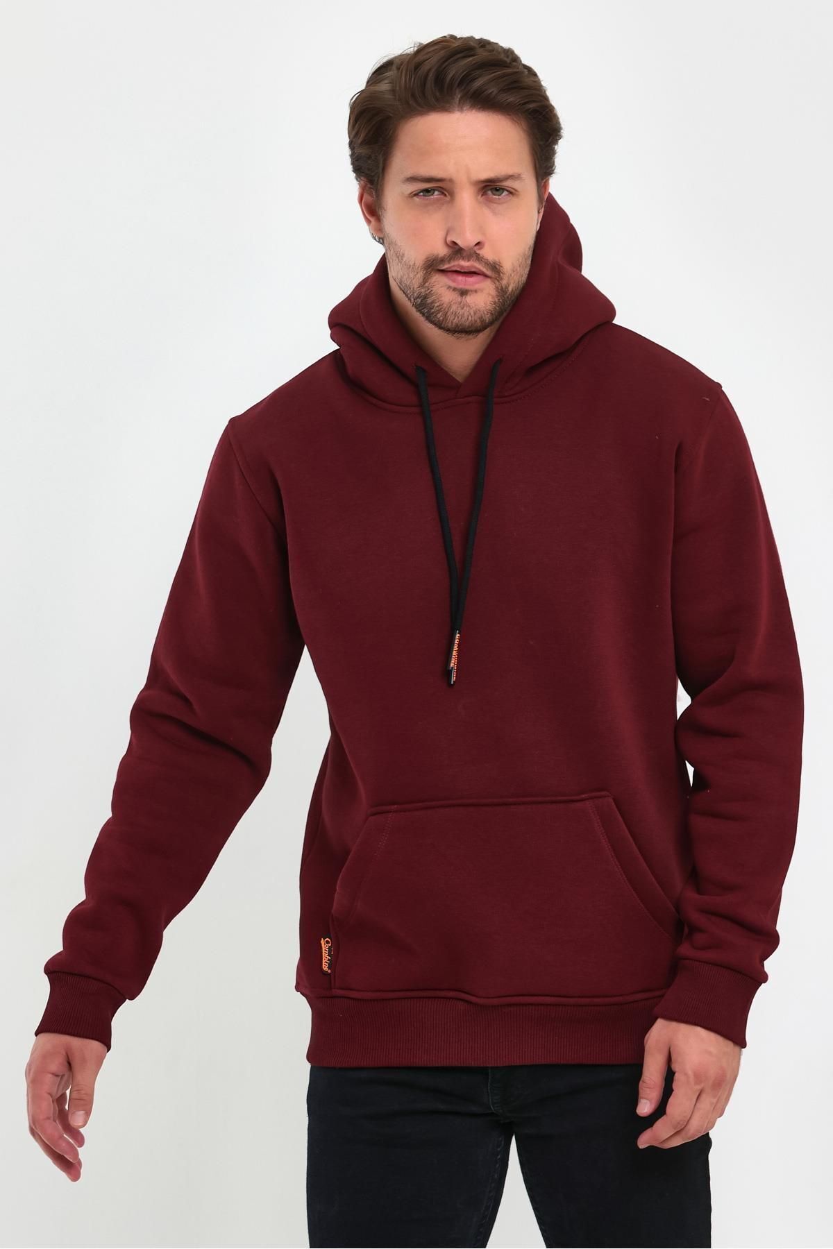 Erkek Kapşonlu Kanguru Cepli̇ 3 İ̇pli̇k Kalin Sweatshi̇rt - Bordo - 5