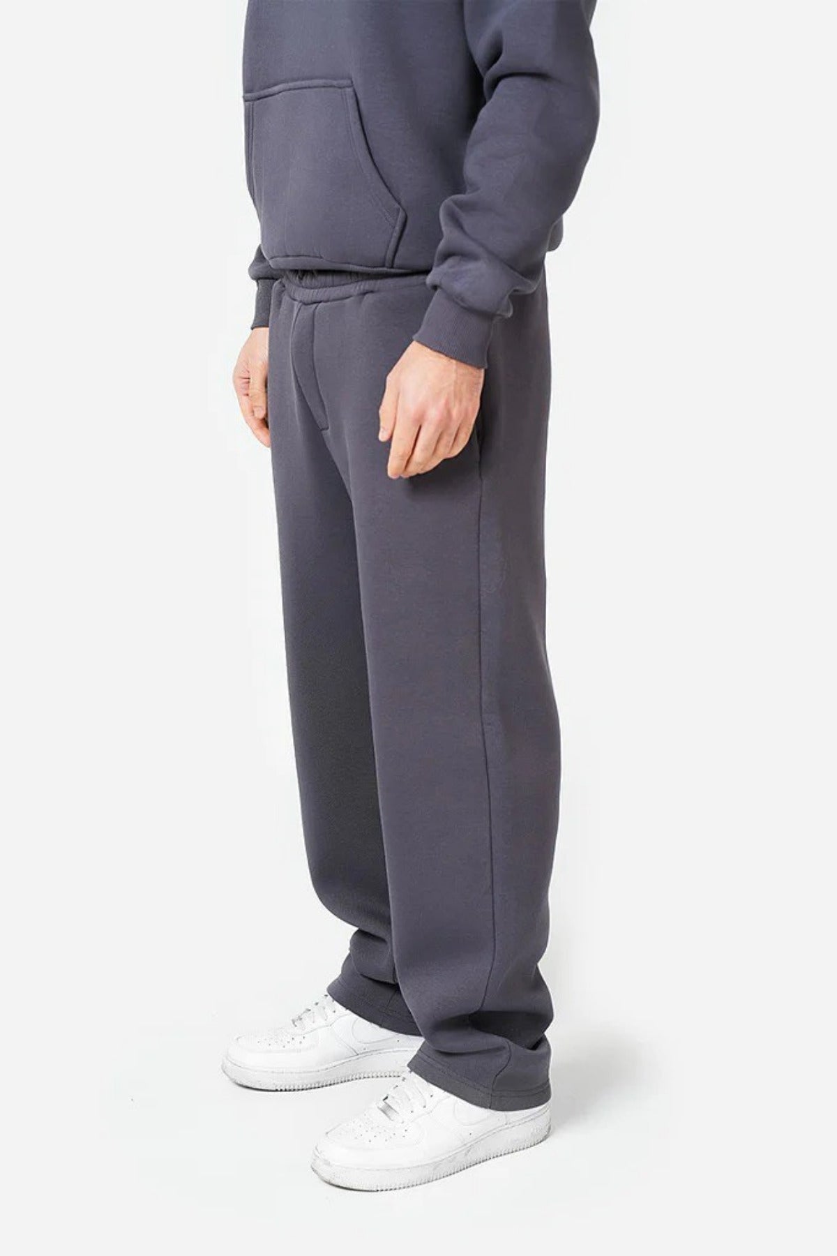 Erkek Kapşonlu Trend Model Bol Basic Eşofman Takımı - Gri Melanj - 2