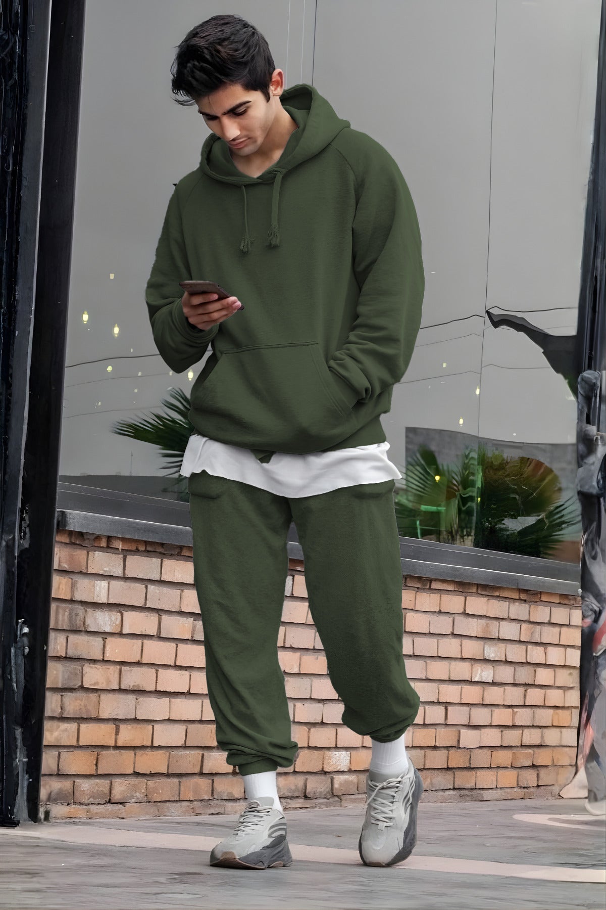 Erkek Oversize 3i̇pliki Şardonlu Basic Eşofman Takımı - Haki - 1