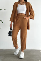 Kadın Camel Bürümcük Kimono Alt Üst Takım - Vizon - 2