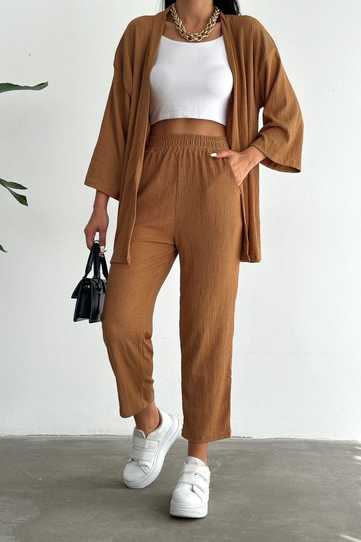 Kadın Camel Bürümcük Kimono Alt Üst Takım - Vizon - 2