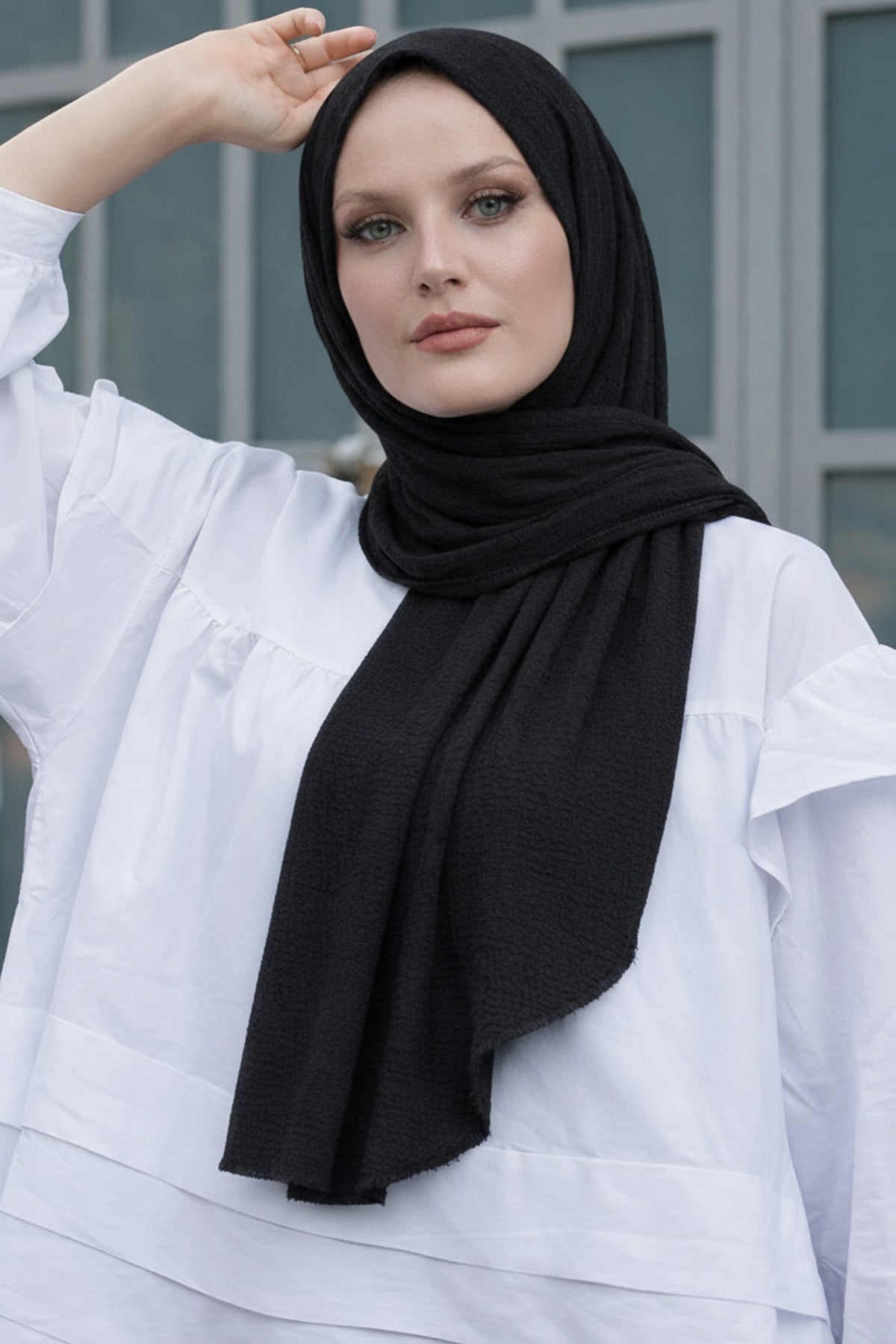 Kadın Dokulu Bürümcük Tesettür Şal 180x75 - Siyah - 1