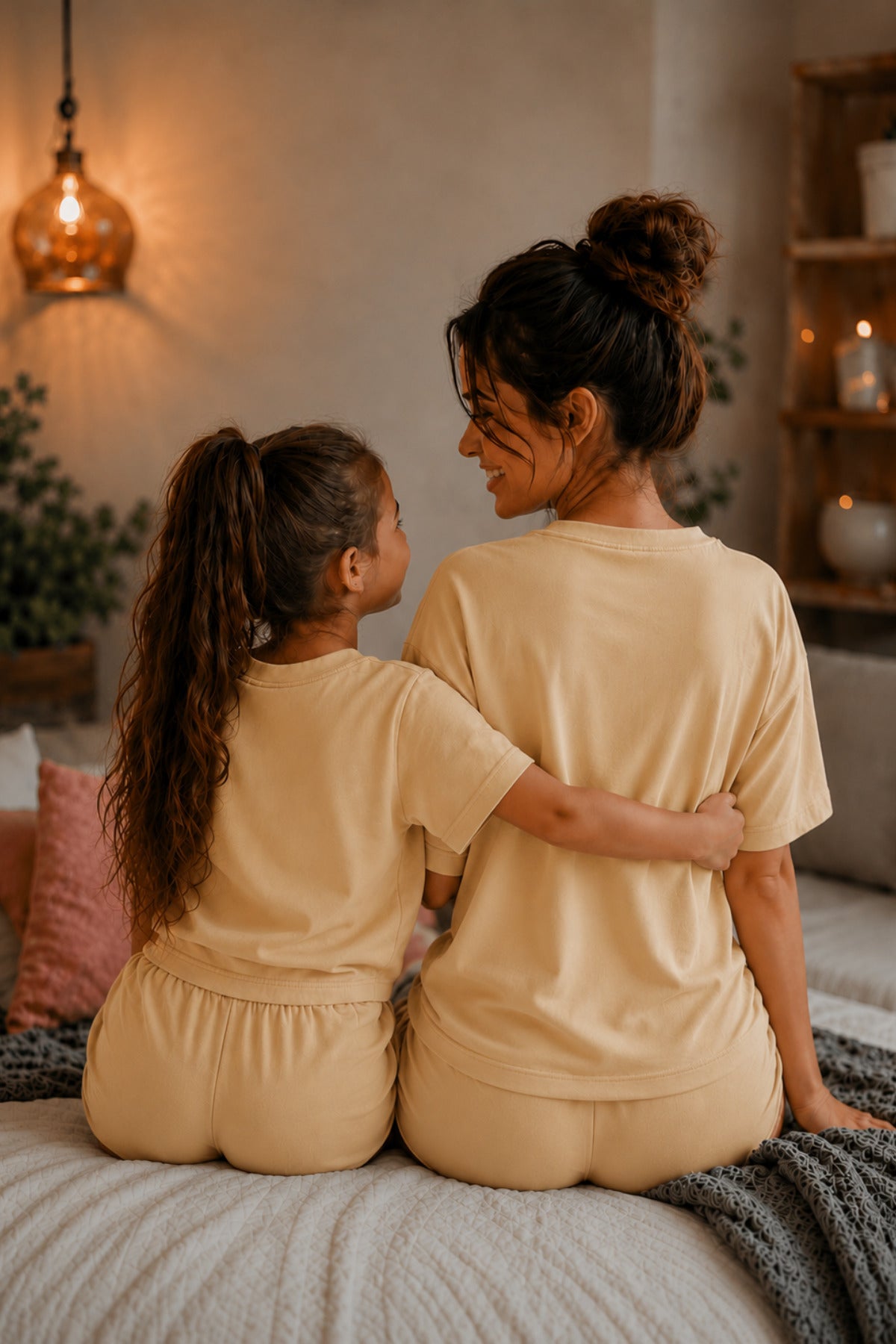 Anne Çocuk Kisa Kollu Oversize Esnek Rahat Beli̇ Bağcikli Modern Kesi̇m Trend Yazlik Günlük Alt Üst Takim - Vizon - 5