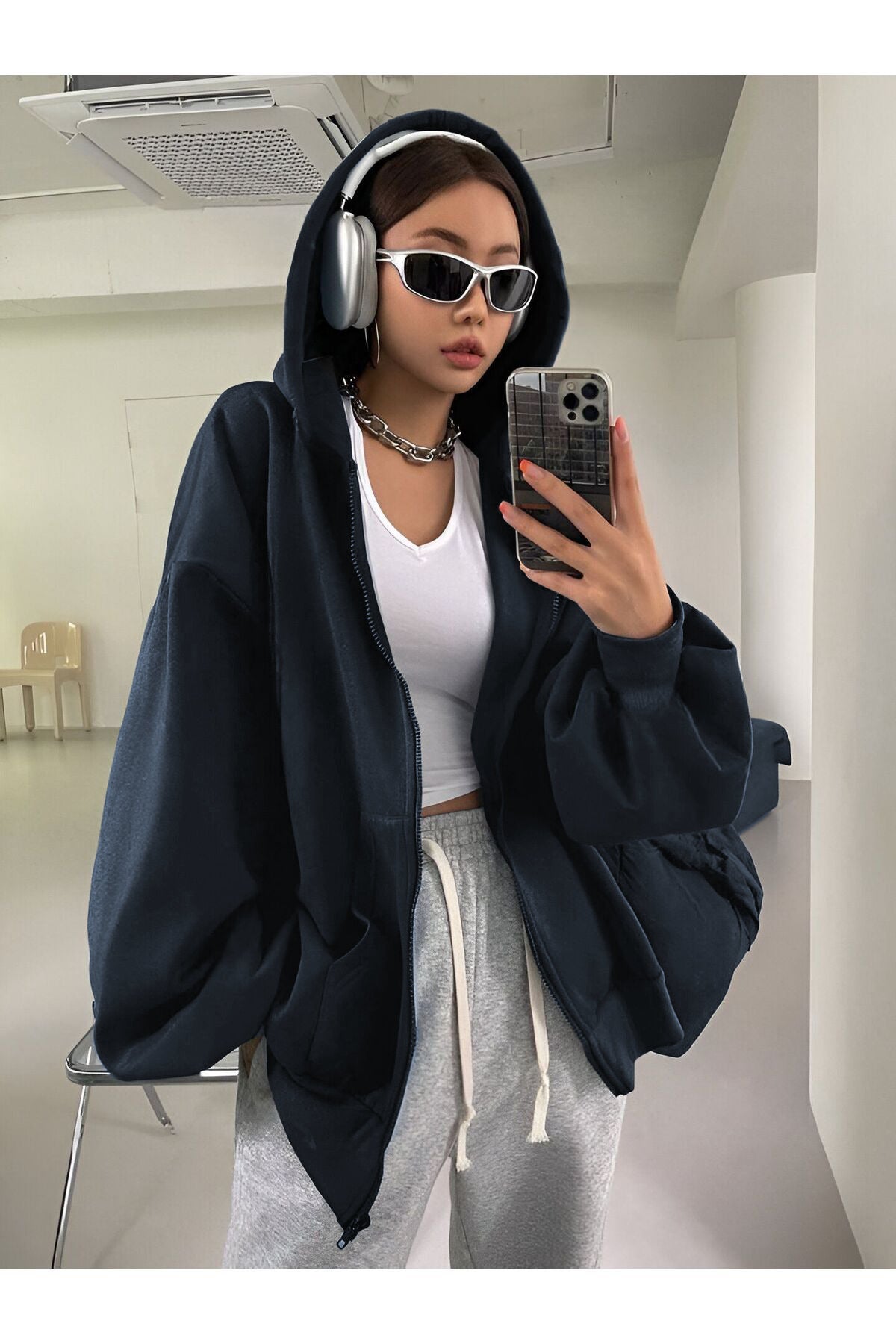 Kadın Lacivert Fermuarlı Oversize 3i̇plik Polar Sweatshirt Hırka - Lacivert - 2