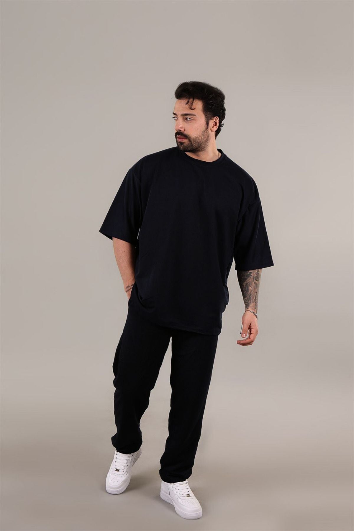 Erkek Oversize Kısa Kollu T-shirt Pijama Takımı - Siyah - 1