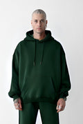 Erkek Bol Kesim Oversize 3 İplik İçi Pamuklu Şardonlu Kanguru Cep Kapşonlu Kışlık Hoodie Sweatshirt - Koyu Yeşil - 1