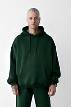 Erkek Bol Kesim Oversize 3 İplik İçi Pamuklu Şardonlu Kanguru Cep Kapşonlu Kışlık Hoodie Sweatshirt - Koyu Yeşil - 1