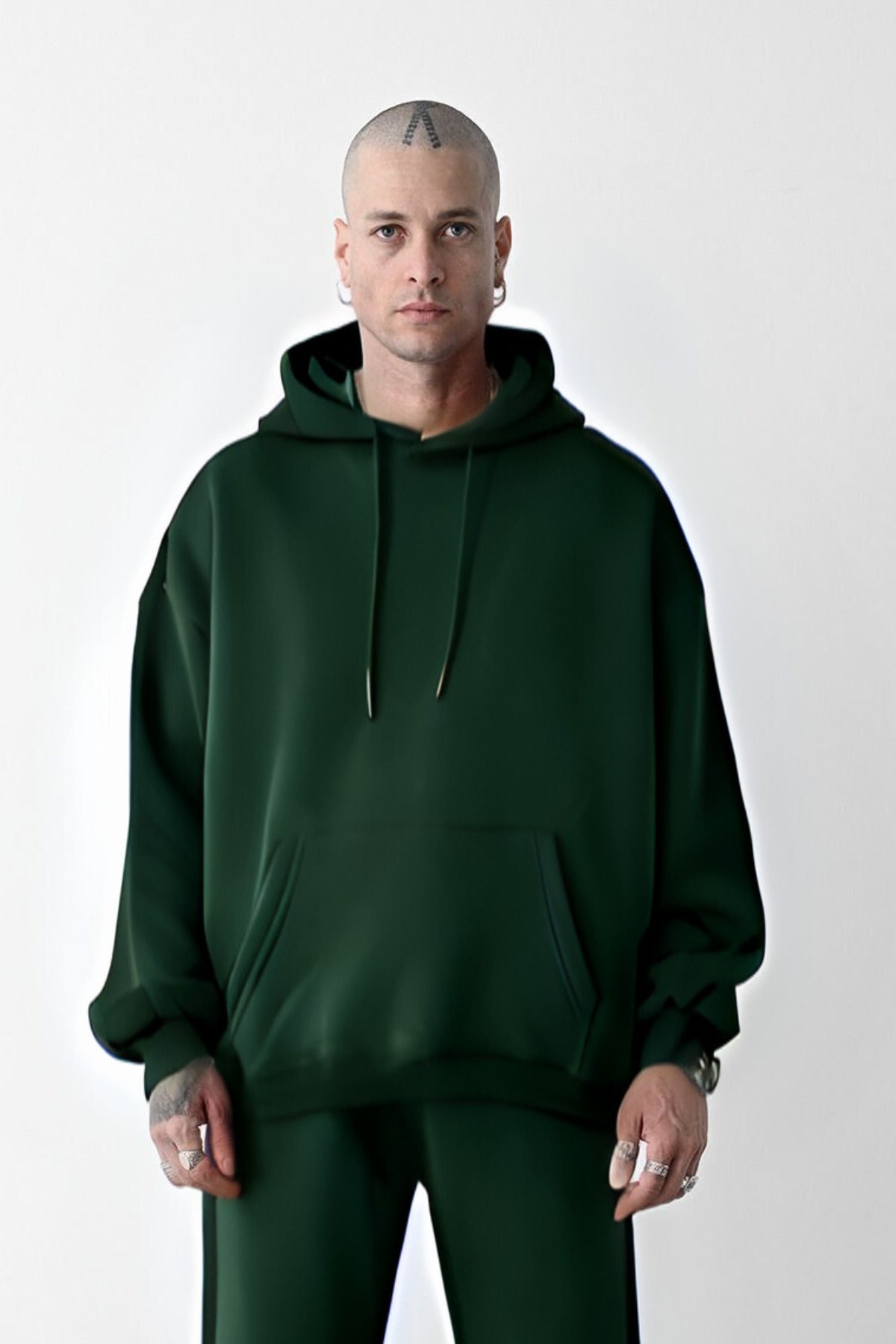 Erkek Bol Kesim Oversize 3 İplik İçi Pamuklu Şardonlu Kanguru Cep Kapşonlu Kışlık Hoodie Sweatshirt - Koyu Yeşil - 1