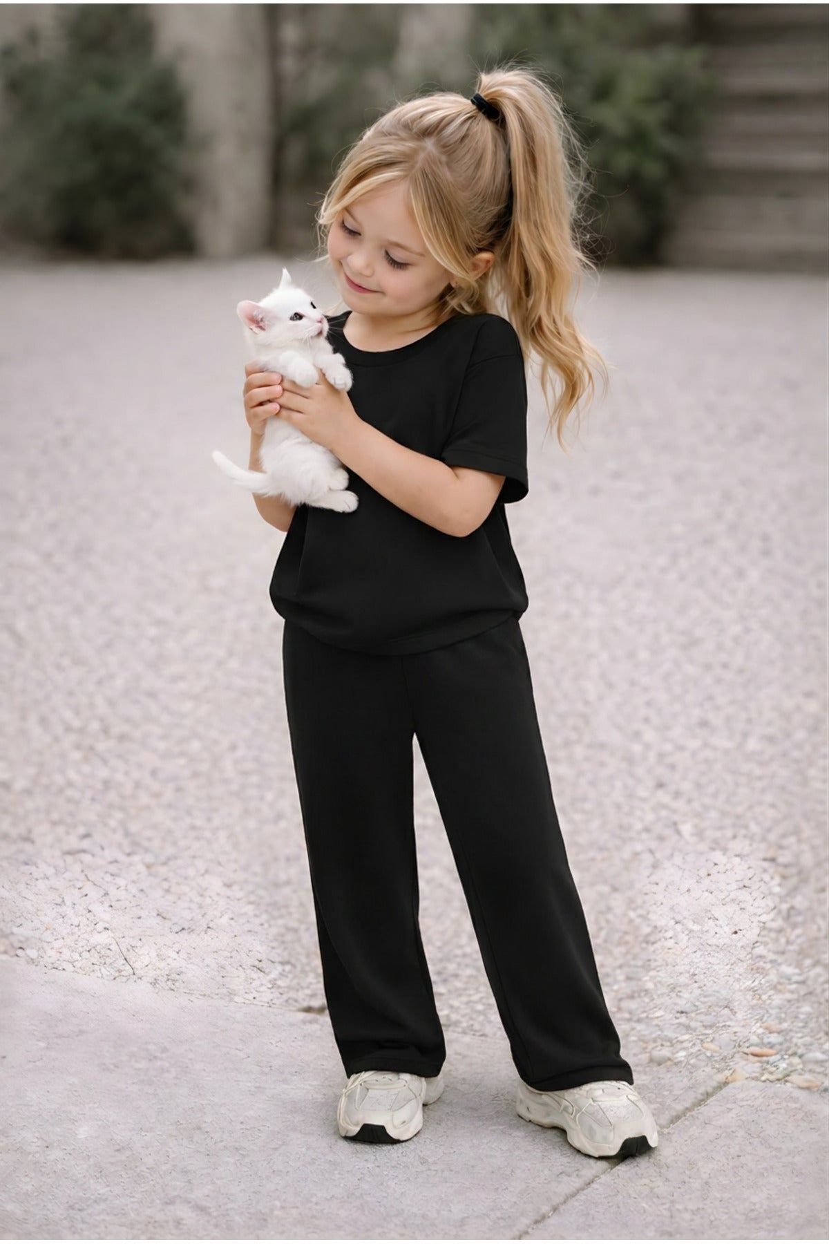 Çocuk Oversıze Bısıklet Yaka Kısa Kollu Yüksek Bel Alt-üst Takım - Siyah - 2