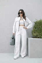 Kadin Premium Bi̇yeli̇ Fermuarli Sweatshi̇rt Bol Paça Eşofman Alt Üst Takim - Beyaz - 2