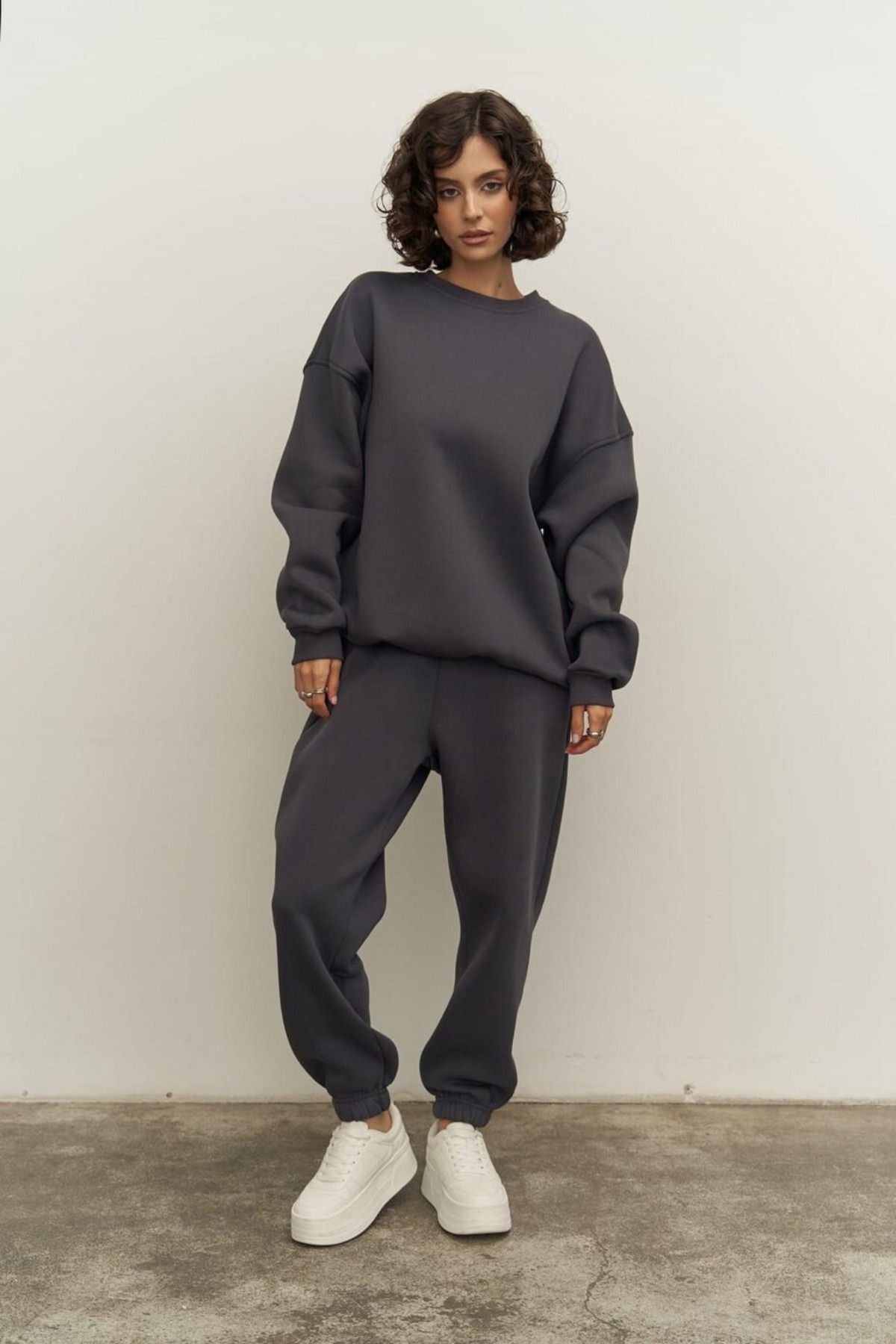 Kadın Oversize Rahat Kalıp Bisiklet Yaka Eşofman Takıım - füme - 4