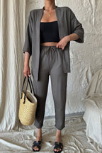 Kadın Dökümlü Bürümcük Yazlık Palazzo Kimono Takım - Füme - 4