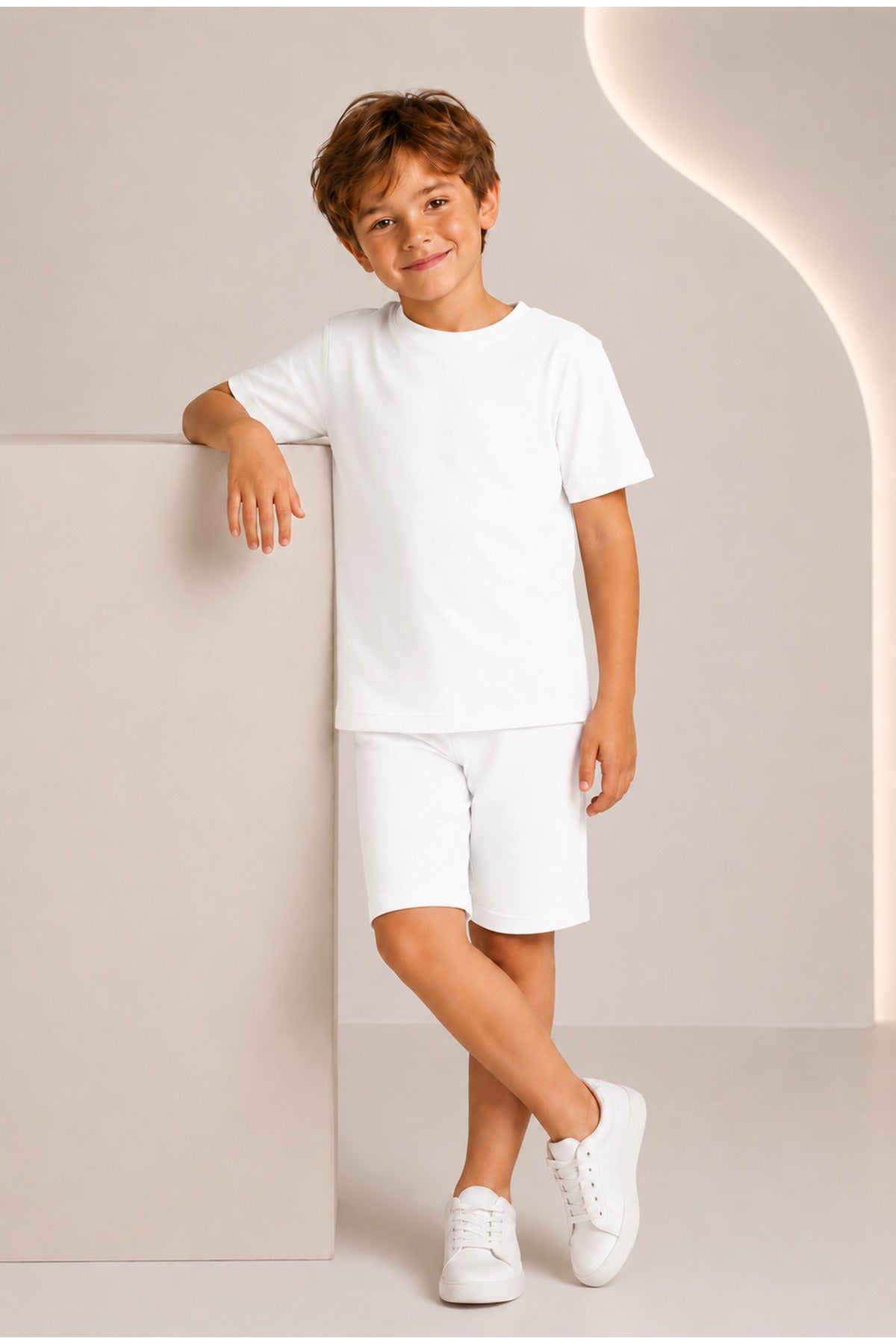 Çocuk Kısa Kollu Baskısız Basic Oversıze Geniş Kalıp Beli Bağlamalı Esnek 1-10 Yaş Arası Yaz Sezonu Sportif T-shirt / Şort Takım - Beyaz - 3