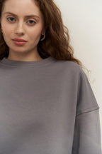 Kadın Oversize Rahat Kalıp Bisiklet Yaka Eşofman Takıım - koyu gri - 4