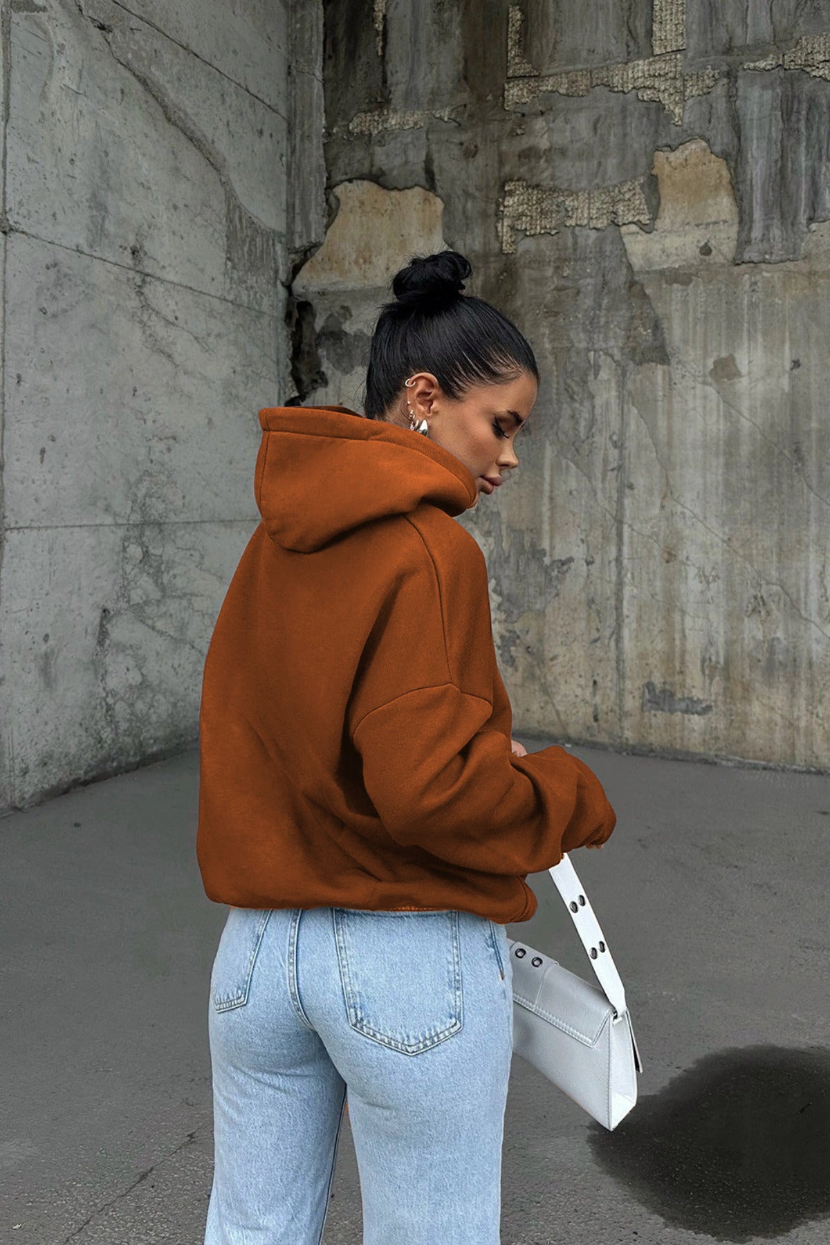 Kadin Ki̇remi̇t 3 İ̇pli̇k Oversi̇ze Rahat Günlük Yumuşak Kapüşonlu Sweatshirt - Kiremit - 4