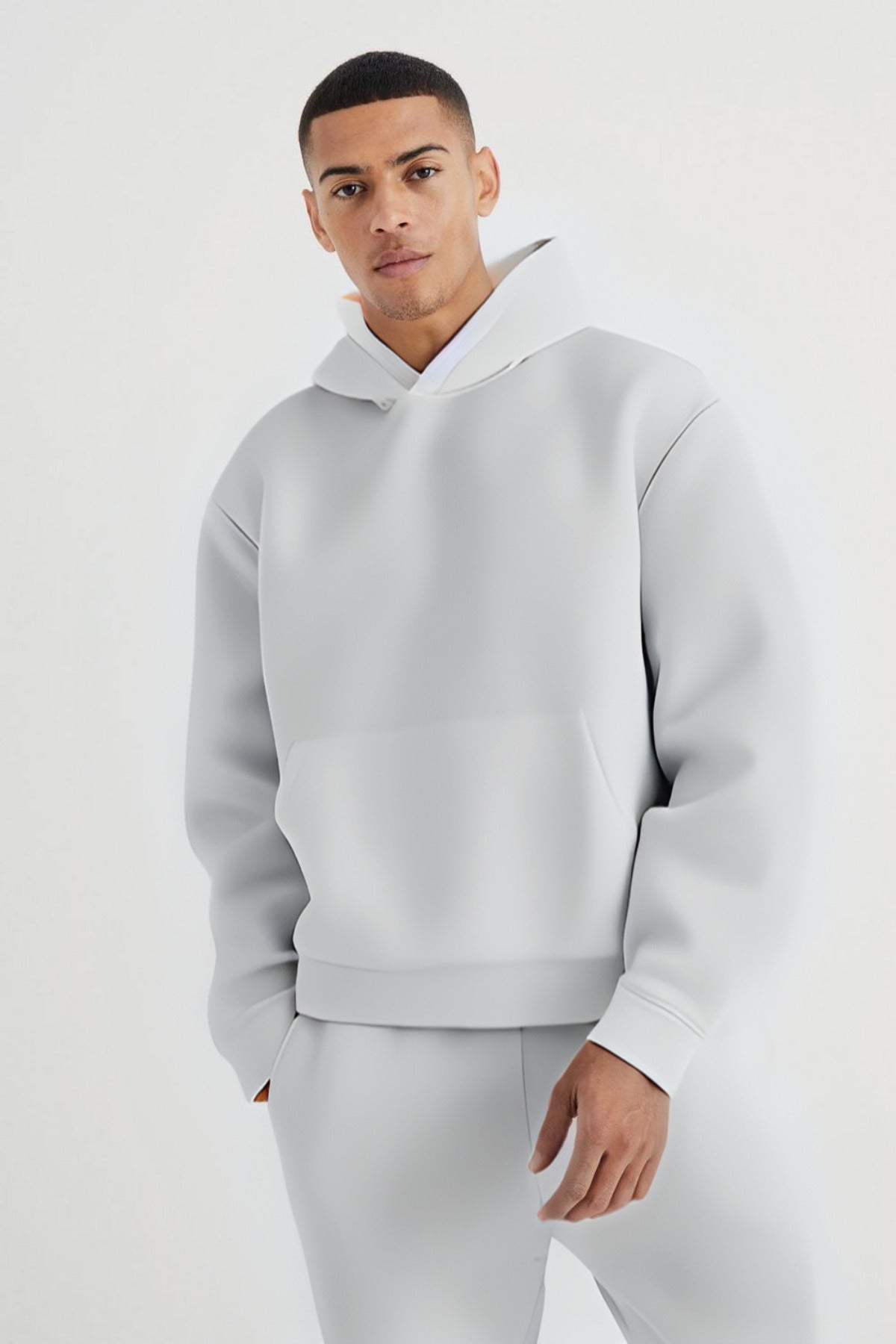 Erkek Kapüşonlu Kanguru Cep Oversize 3 İ̇plik İ̇çi Pamuklu Jogger Paça Eşofman Takımı - Gri - 2