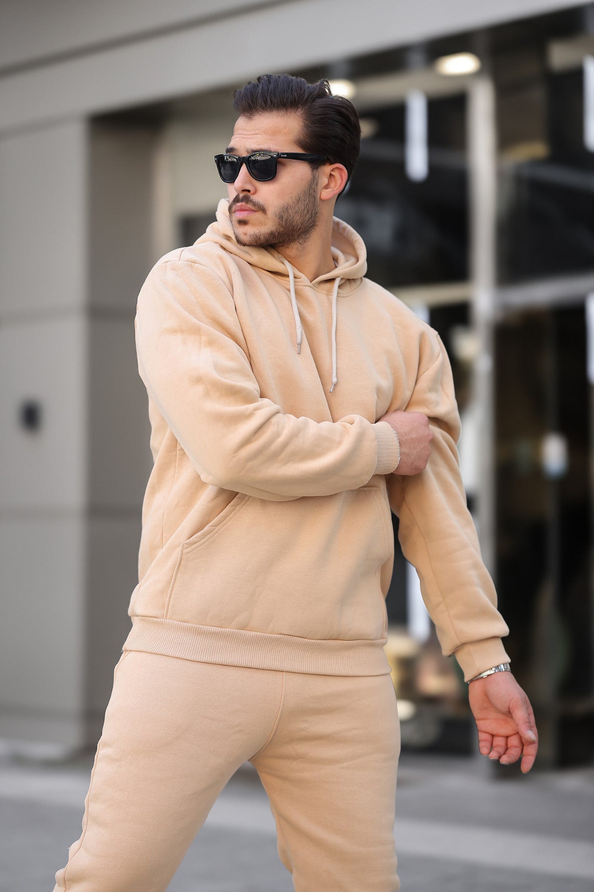 Erkek Bol Kesim Oversize 3 İ̇plik İ̇çi Pamuklu Şardonlu Kanguru Cep Kapşonlu Kışlık Hoodie Sweatshirt - Vizon - 3