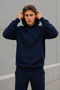 Erkek Oversize Kapüşonlu Sweatshirt Basic Hoodie Cepli - Lacivert - 1