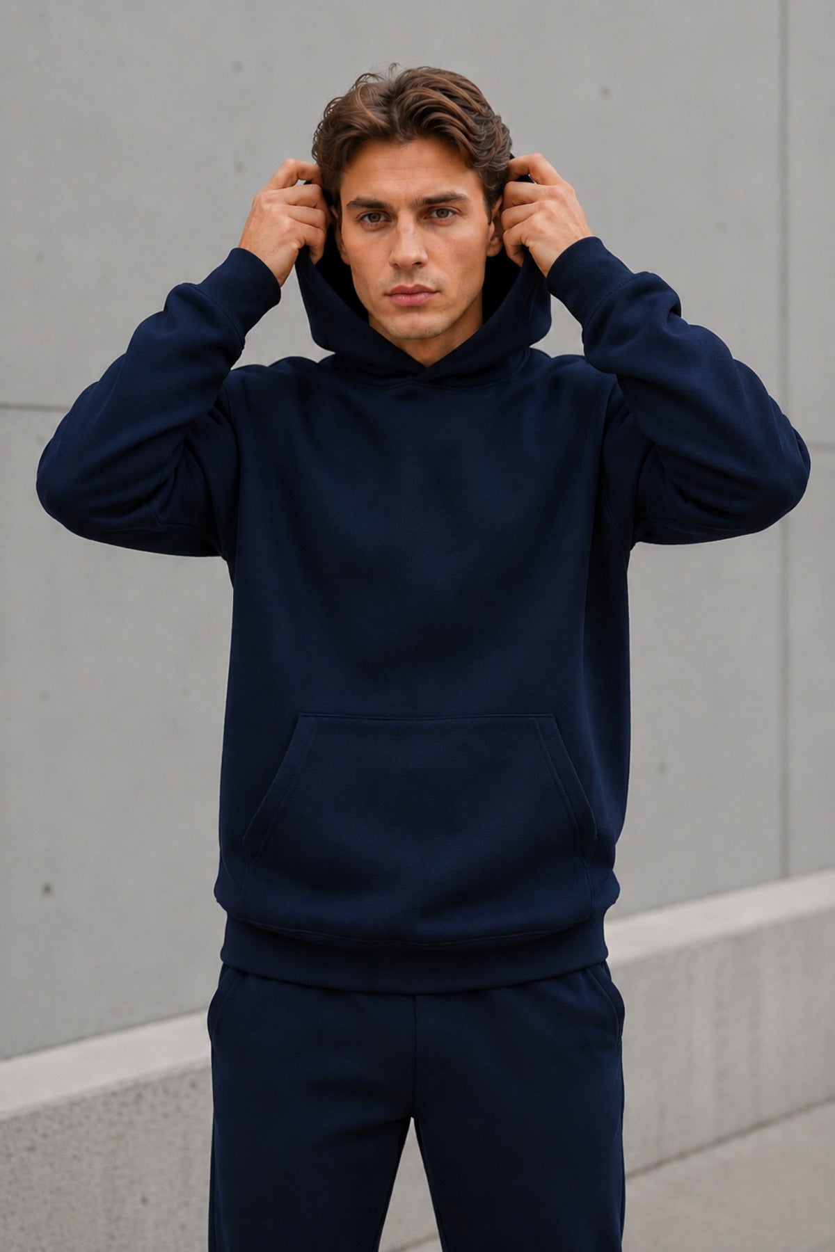 Erkek Oversize Kapüşonlu Sweatshirt Basic Hoodie Cepli - Lacivert - 1