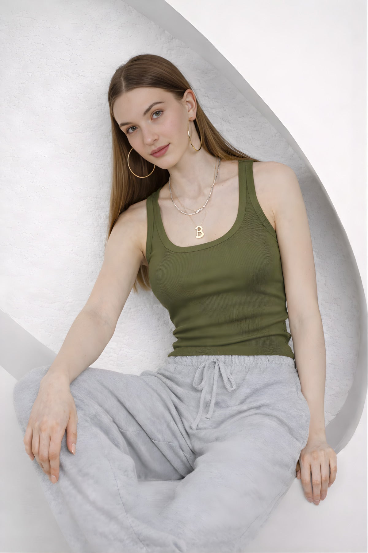 Kadin Fi̇ti̇lli̇ Kalin Askili Esnek Body Atlet - Açık Haki - 5