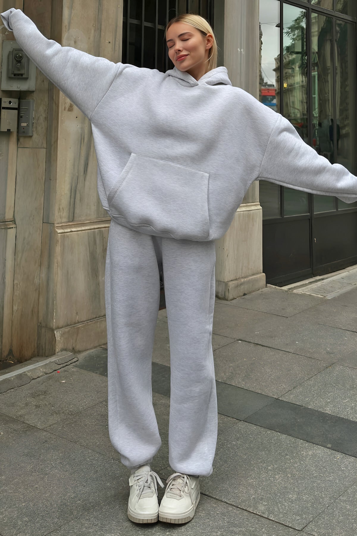Kalın Kışlık Bol Kalıp Eşofman Takımı - Gri - 4