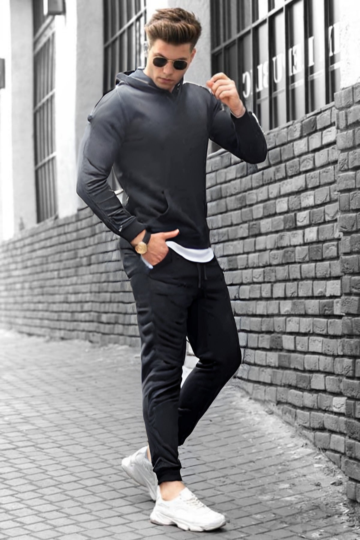 Erkek Bol Kalıp Kalın Rahat Pamuklu Eşofman Takımı Elegance Quality - Füme - 2