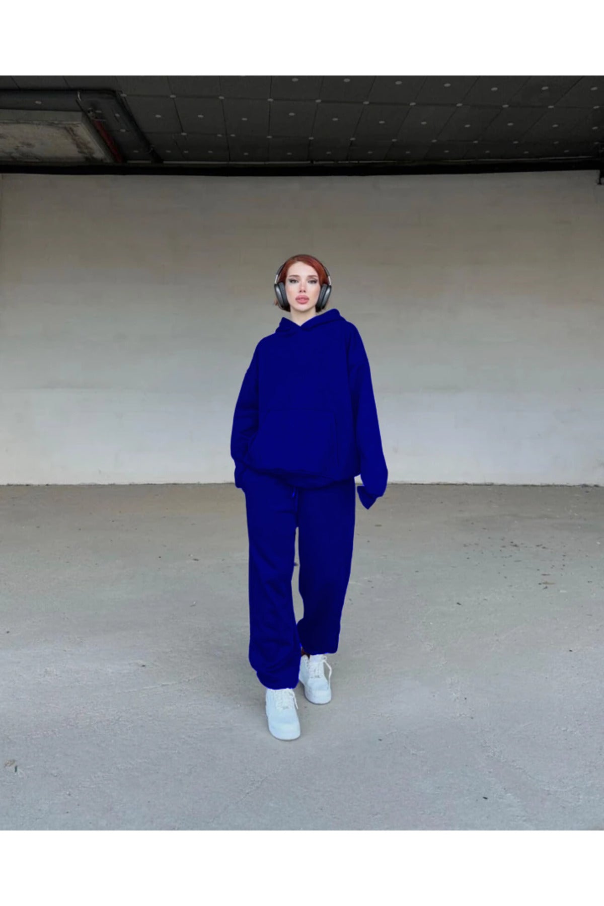 Kadın Oversize Spor Ve Günlük Jogger Paçası Lastikli Eşofman Takımı - Saks Mavisi - 1