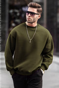 Erkek Haki Oversize Fit Normal Kesim 3 İplik Pamuklu Bisiklet Yaka Sweatshirt - Haki - 1